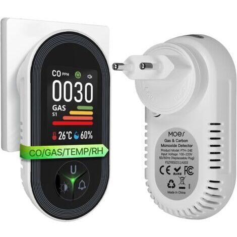 Détecteur de Monoxyde de Carbone et Gaz avec Prise - Détecteur CO 4-en-1 avec Capteur de Température & Humidité - Alarme Sonore pour GPL, Propane, Méthane, Éthane & CO - pour Maison et Caravane​