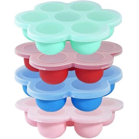 Lot de 4 plateaux de congélation pour aliments pour bébé avec couvercle, plateau congélation en silicone à 7 cavités pour congeler et conserver le lait maternel, les glaçons, les purées fruits