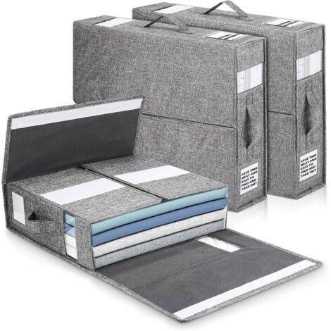 Boite Rangement Drap de Lit, 3 Pièces Sac de Rangement Vetement, Organisateur de Drap Pliable, Dans les Armoires Pouvant être Rangée Sous Lit, Organisateur Placard Vetement avec étiquette & Poignée