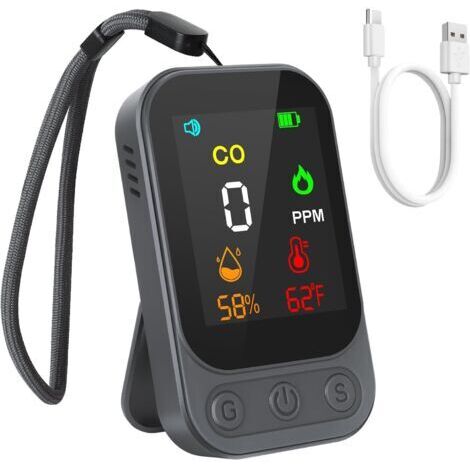 Mini détecteur de monoxyde de carbone avec alarme intelligente détecteur 3 en 1 pour détecter le CO, la température et l'humidité. Portable et rechargeable, parfait pour la maison, le camping, noir (1/5)