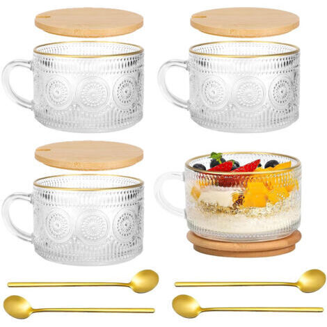 Ensemble de 4 grandes tasses à café avec bord doré, verres à latte macchiato vintage avec couvercle et cuillère (400 ml), parfaits pour le café, le cappuccino, le latte, les flocons d'avoine et plus e