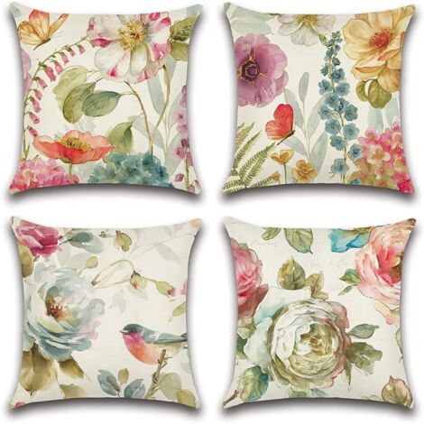 Lot de 4 housses de coussin d'extérieur colorées à motifs de fleurs, d'oiseaux et de papillons, pour patio, jardin, salon, chambre à coucher, 45 x 45 cm