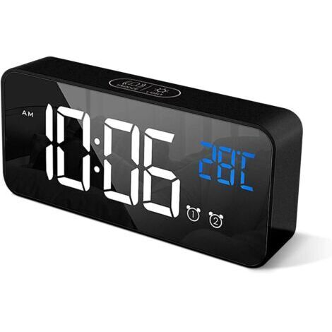 Réveil Numérique avec Grand Affichage de la Température LED, Alarme de Miroir Portable avec Double Alarme Roupillon Temps Gradateur de Luminosité Réglable sur 4 Niveaux (Noir)