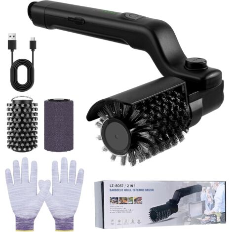 Brosse Électrique pour Barbecue, Brosse de Nettoyage de Gril sans Fil avec 3 Vitesses et 2 Brosse, 180° Réglable, Rechargeable Nettoyeur de BBQ en Acier Inoxydable pour Grilles de Barbecue