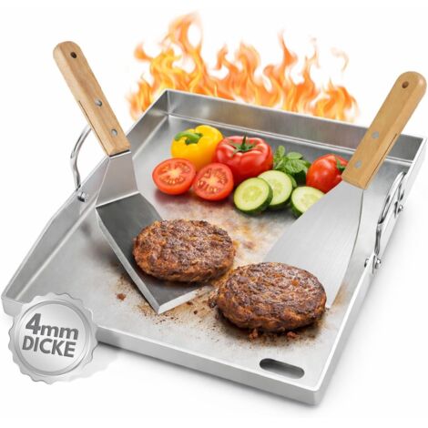 Plaque de cuisson en acier inoxydable de 4 mm d'épaisseur, 40 x 30 cm, avec gouttière à graisse et 2 spatules de barbecue, plancha massive pour barbecue à gaz, au charbon de bois et barbecue