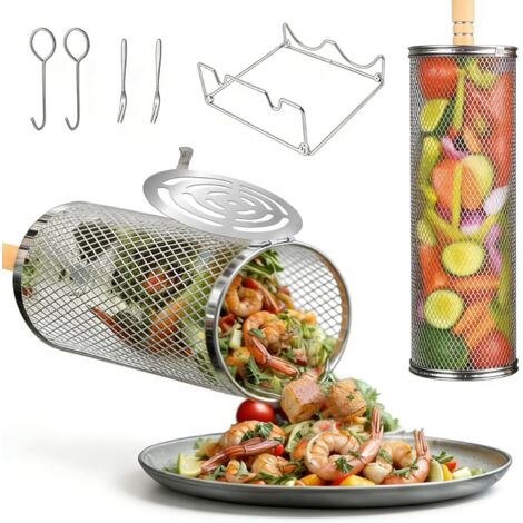 Paniers De Grill Roulants 2 Pièces Nouvelle Mise À Niveau, Avec Manche En Bois, Acier Inoxydable, Portables Accessoires De Barbecue Pour Le Camping En Plein Air, Légumes, Crevettes (2 Pack) (1/5)