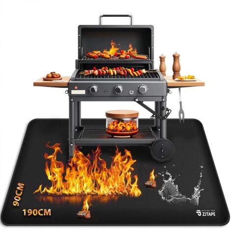 Tapis de barbecue ignifuge - 190 x 90 cm - Tapis de protection contre la chaleur pliable - Protection du sol - Tapis de barbecue en fibre de verre et silicone - Résistant à l'eau - Pour barbecue, sol