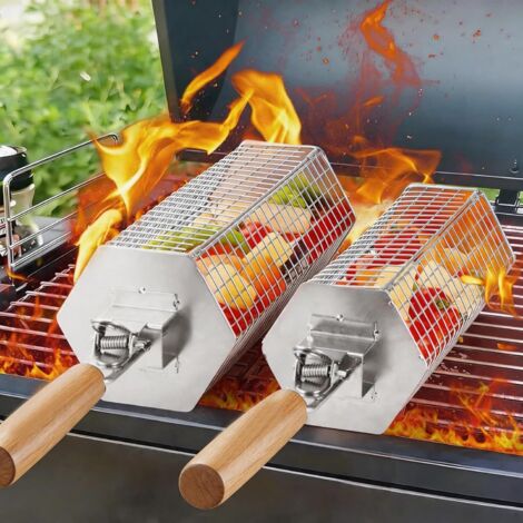 Panier à Barbecue Roulant, Design Hexagonale à Ouverture Rapide, Poignée Détachable, Acier Inoxydable 304, Gigogne, Accessoires Grille à Legumes, Ustensiles Grill de Cuisine Exterieur Camping (1/5)