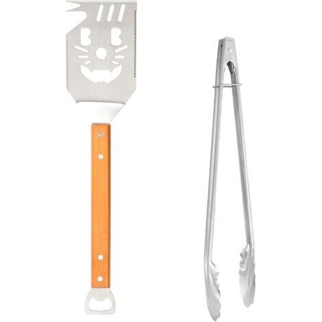 Ustensiles Barbecue, Kit Barbecue Acier Inoxydable, Pince et Spatule Bois, Accessoires Barbecue Party, 2 Pièces