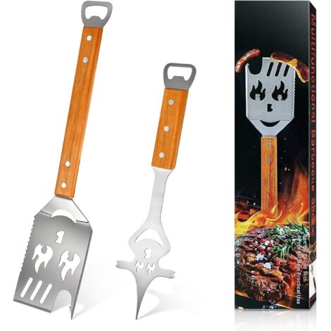 2 Pièces Spatule Barbecue, Spatule Barbecue 8 en 1 en Acier Inoxydable avec Manche en Bois pour Picnics et Outdoor