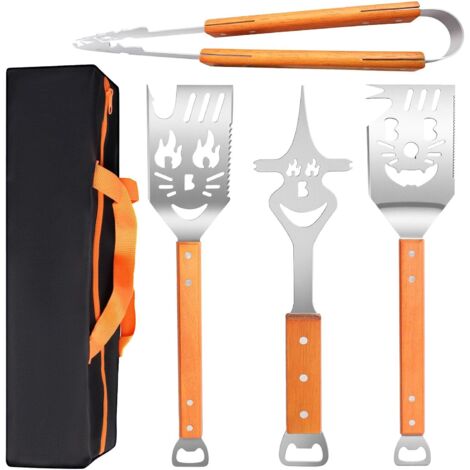 Ensemble d'ustensiles de barbecue en acier inoxydable (4 pièces) avec pinces, spatule, fourchette à viande et manches en bois, accessoires pour barbecue extra longs, cadeau pour homme