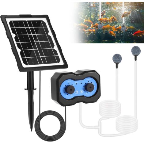 Pompe à oxygène solaire - 3 W - 2 modes de travail - Pompe à oxygène solaire programmée avec batterie de 2200 mAh - Silencieux et réglable - Pompe à air d'aquarium - Pompe à oxygène pour étang, jardin
