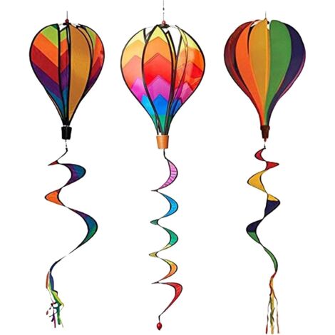 Lot de 3 Moulins à Vent Montgolfières en Spirale Colorés, Décorations Suspendues pour Jardin Extérieur, Ornaments pour Fêtes et Aménagements de Pelouse, Motifs Rayés, Vagues (1/5)