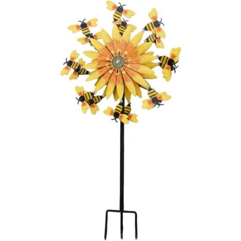 Moulin à Vent en Forme de Tournesol et Abeille, Moulin a Vent Jardin Exterieur avec Tige en Métal Décoration Rotative Alimentée par la Brise pour Pelouse, Jardin, Terrasse, Cour, Porche (A)
