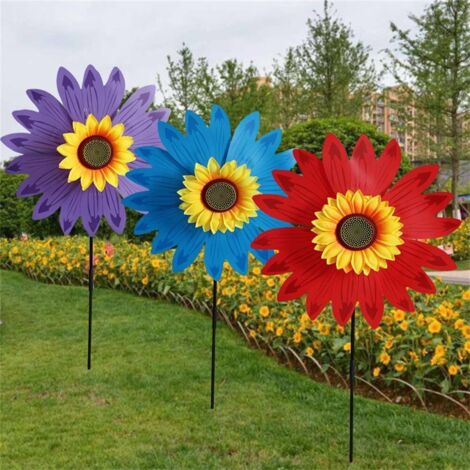 Moulin à vent tournesol décoratif pour pelouse, jardin et fête en plein air 36 x 72 cm en PVC coloré avec motif double fleur (1/5)