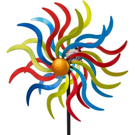Moulin à vent de jardin en métal - Vagues colorées - Avec roulement à billes - Diamètre : 30/123 cm - Avec piquet de jardin solide - Décoration de jardin résistante aux intempéries - Pour (1/5)
