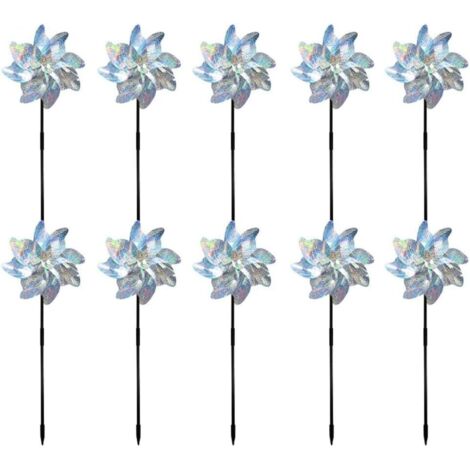 Lot de 10 moulins à vent réfléchissants en PVC pour décoration extérieure et dissuasion des oiseaux, pour cour, terrasse, verger et ferme Argenté