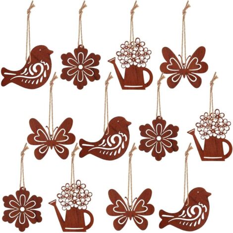 12 Pièces Décorations Suspendues Vintage, Oiseau, Fleur, Arrosoir, Papillon, Figurines en Métal Rouillé avec Corde de Lin, Jardin Rouillées, Déco, Décoration de Jardin en Métal pour Pâques