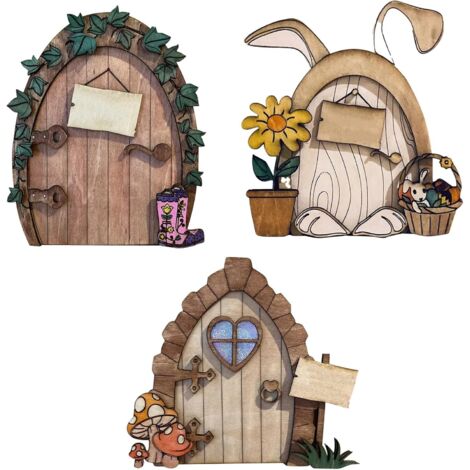 Lot de 3 Porte de Fées et Souris Miniature en Bois Décoration Jardin Extérieure Accessoire Fairy House Porte Petite Souris pour Arbre Mur Cadeau Enfant Anniversaire