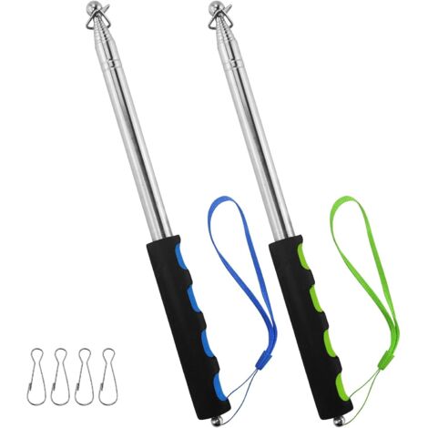 Lot de 2 mâts télescopiques de 2 m - En acier inoxydable - Avec 4 clips - Crochets - Extensible - Pour voyage, camping, guides, enseignants (bleu et vert) (1/5)