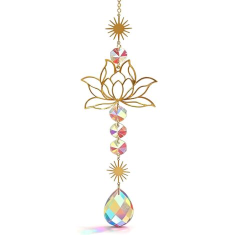 Attrape-Soleil Cristal , Attrape-Soleil Élégant pour Fenêtre en Laiton & Verre, Mobile Lotus 41 cm pour Salon, Balcon & Jardin, Carillon Décoratif avec Réflexions Colorées