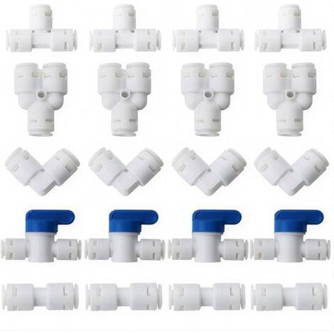 20 pièces Refrigerateur Tuyau Connecteur, Tube D'osmose Inverse Water Filter Fittings 1/4"6.3mm, Kit de Raccordement Frigo (Version Combinée Y + T + I + L + Vanne D'arrêt) (1/5)