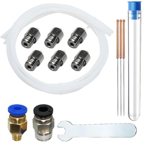 Buse MK8, 6 pièces Acier trempé Buse 0,8mm pour Filament de 1.75mm Ender 3 V2 avec 3 aiguilles nettoyage buse 0,8 mm+ 3 tubes en téflon 1 M + 1 clé à fourche 6mm + PC4-M6-M10 (1P + 1P)