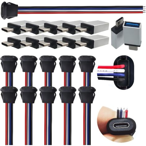 Connecteur montage panneau type C CESFONJER, 10ensembles prises châssis USB C avec queue cochon à 4conducteurs et adaptateur mâle vers USB OTG, Kit soudure DIY pour la réparation projets électroniques (1/4)