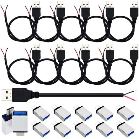Câble USB 2.0 mâle à fil nu, cordon d'alimentation USB 22AWG et adaptateurs 10 kits, Câble d'alimentation Pigtail à 2 conducteurs DIY 0,3 M/1 pi pour le chargement de l'appareil uniquement (1/5)