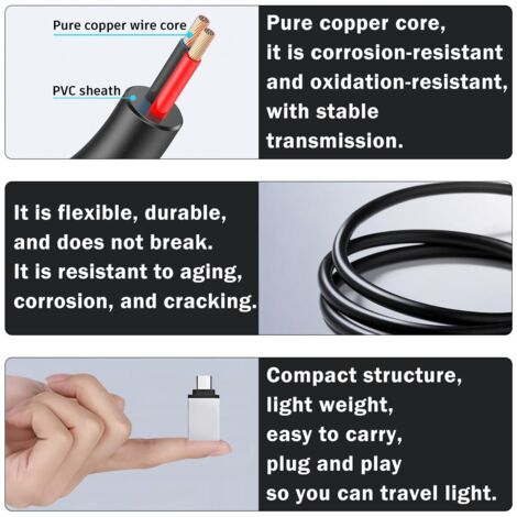 Câble USB A Femelle Nu 0,3 M - 22AWG, 12V 3A, 2 Broches, Lot De 2 Pièces