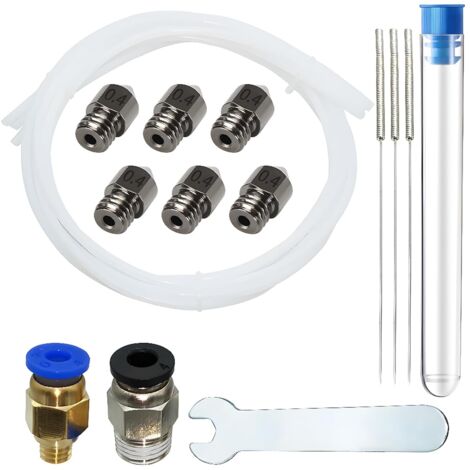 Acier trempé Buse, 6 pièces Buse en Acier 0,4 mm avec PC4-M6-M10 (1P + 1P), tube en téflon 31M, 3 aiguilles nettoyage buse de 0,4 mm et clé à fourche de 6mm pour Filament de 1.75mm Ender 3 (1/5)