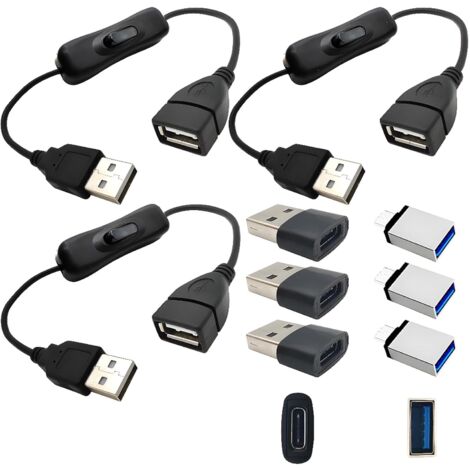 Câble d'extension USB avec commutateur 0,3 M – Marche/arrêt, lot de 3 avec adaptateurs (6 pcs), câble d'alimentation pour LED/PC/téléphone/tous appareils USB-C (1/5)