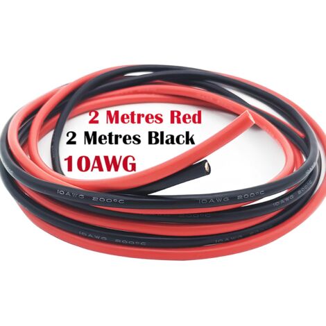 Fil de silicone de 10 AWG, (2 mètres noir et 2 mètres rouge) fil flexible de silicone du fil de cuivre étamé résistant à hautes températures pour voiture RC, drone etc.
