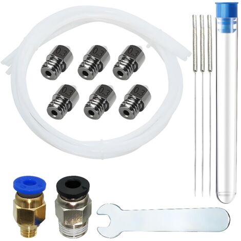 Acier trempé Buse pour Filament de 1.75mm Ender 3 V2, 6 pièces Buse en Acier 0,3 mm avec PC4-M6-M10 (1P + 1P), 3 aiguilles nettoyage buse de 0,3 mm, tube en téflon 31M et 6mm clé à fourche