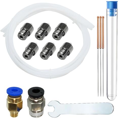 Buse MK8, 6 pièces Acier trempé Buse 1,0 mm pour Filament de 1.75mm Ender 3 avec PC4-M6-M10 (1P + 1P), tube en téflon 3 1M, 3 aiguilles nettoyage buse de 1,0 mm et clé à fourche de 6mm