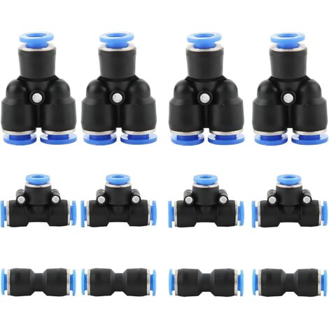 12 pcs Pneumatique Raccords de Tuyau Raccord, fixations pneumatique Push dans, Tuyau d'air pneumatique Raccord, 1/4 inch (6mm : Y+T+I Type Combo)