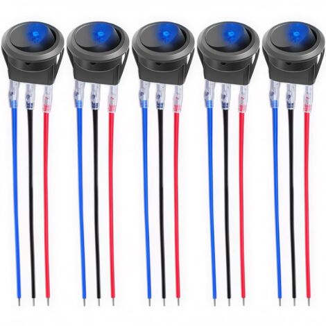 Interrupteur à Bascule Rond, Interrupteur à Bascule LED on/Off avec Une lumière Bleu de 12V 20A 3 Broches pour Voiture, Camion, Voitures de Course, véhicules de Loisirs, Marine(5 pièces)