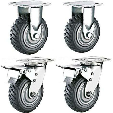 Lot de 4 roulettes pivotantes pour charges lourdes - 150 mm - Avec frein rotatif à 360 ° - En caoutchouc plein - Pneumatiques - Charge 900 kg - (2 roulettes fixes + 2 roulettes de freinage)