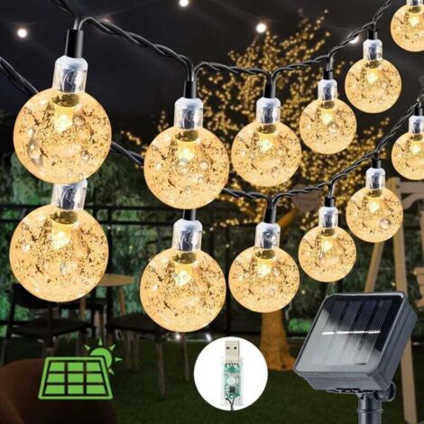 Guirlande Lumineuse Extérieur Solaire,7M 50LED Guirlande Solaire Extérieure Étanche IP65 8 Modes Guirlande Lumineuse Solaire & USB, pour Noël, Fête, Jardin, Terrasse, Balcon, Arbres, Mariages(Blanc)