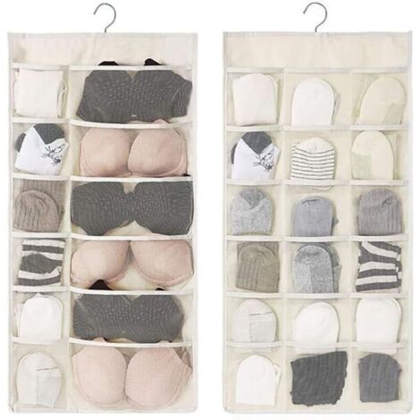 Organiseur à suspendre pour placard avec poches en filet et cintre rotatif en métal, sacs de rangement pour armoire murale double face, sac gain de place en tissu Oxford pour soutien-gorge, sous-vêtem