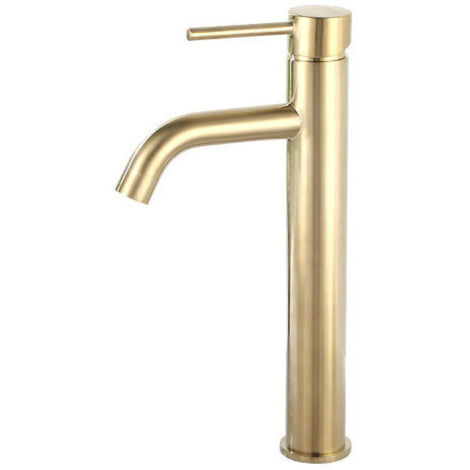 REA – Robinet de lavabo haut doré brossé en laiton massif – Hauteur 280 mm – Bec 130 mm – Installation facile sur lavabo
