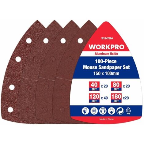 Lot de 100 feuilles abrasives triangulaires 90x90mm – Assortiment grains 40/80/120/180 – 11 trous pour extraction poussière – Pour ponçage métal et bois (1/5)
