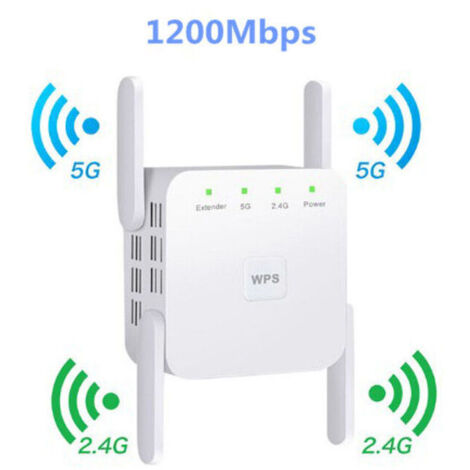 Répéteur Wi-Fi puissant 1 200 Mbps, amplificateur Wi-Fi sans fil, extension de portée, double bande 5 GHz et 2,4 GHz, compatible avec les points d'accès/routeurs/ponts, port Ethernet, compatible avec (1/4)