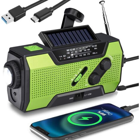 Radio multifonction de prévention des catastrophes, lumière LED, chargement à manivelle, chargement solaire, compatible avec batterie, chargement USB, chargement de smartphone, 2 000 mAh, alarme SOS A (1/5)