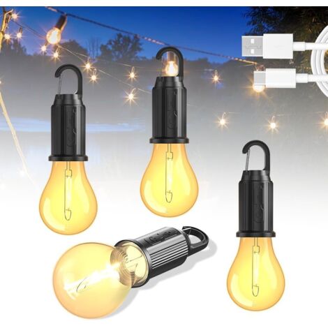 Lot de 4 lampes LED rechargeables - Portable, étanche, lanterne avec mousqueton - Luminosité réglable, 3 modes d'éclairage - Ampoule pour aventure, pêche, garage