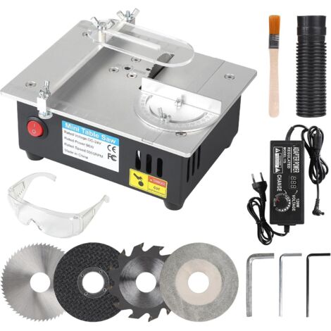 96W Mini Scie Circulaire de Table avec 4 Lames de Scie Circulaire Alimentation électrique Réglables à l'infini 0-10 mm de Coupe Réglable DIY, Découper de Petits Matériaux