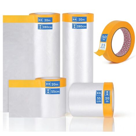 4 Rouleaux de Bache Protection Peinture avec Ruban Masquage Adhésif 280 cm x 20 m x 1, 150 cm x 20 m x 1, 55 cm x 20 m x 2 de Film de Masquage et 1 Masking Tape 25 mm x 50 m
