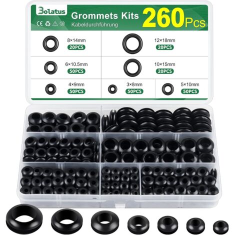 Lot de 260 passe-câbles en caoutchouc - 7 tailles - Pour installation électrique - Noir