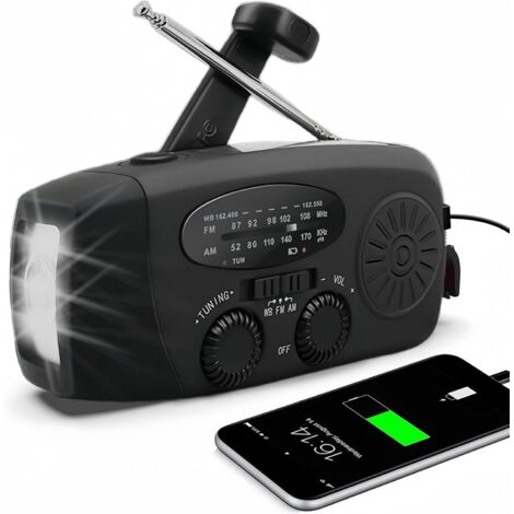 Radio à manivelle/rechargeable/solaire avec prévisions météo AM/FM/NOAA, générateur de liège manuel, banque d'alimentation pour téléphone portable 600 mAh, lampe LED pour bouteille