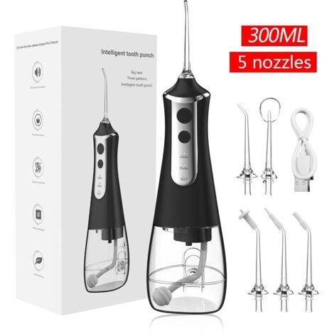 Jet Dentaire Hydropulseur Portable, Jet Dentaire Sans Fil Rechargeable avec 5 Mode set 5 Buses Capacité de 300 ML IPX7 Étanche Pour La Maison et Les Voyages